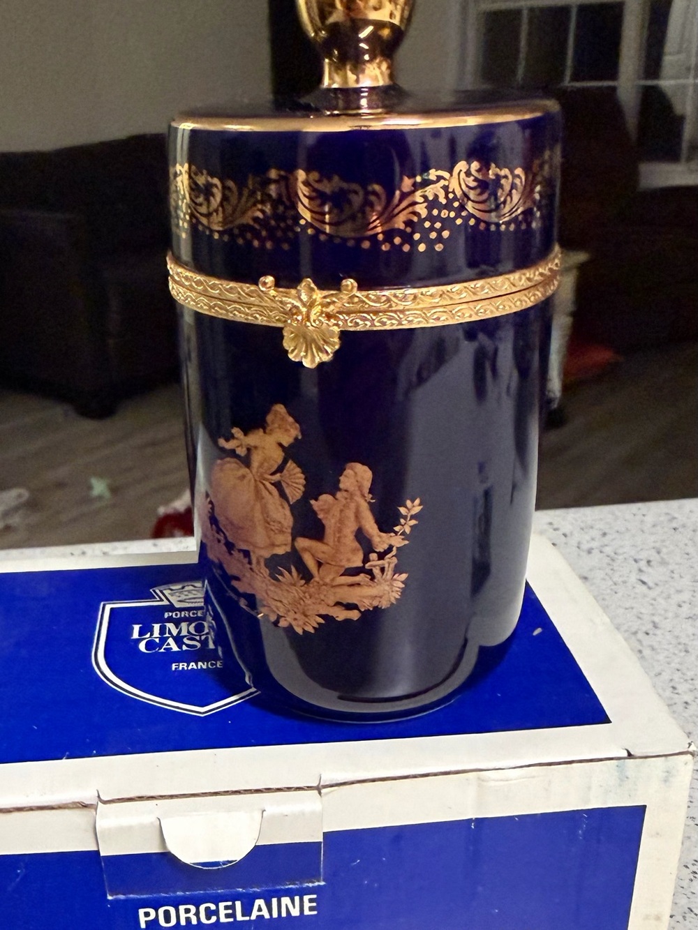 Limoges, France. Lidded porcelain box with brass mountings New W/Box